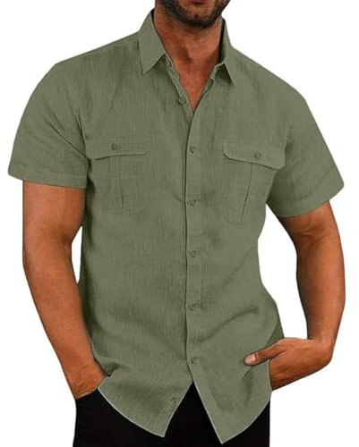 Chemise à Manches Courtes en Lin et Coton pour Homme Bouton Manchette Décontracté Chemises Grande Taille Ample Chemisier Hommes Top de Plage Classique Chemisier Respirant Haut Tops Shirt Pas Cher