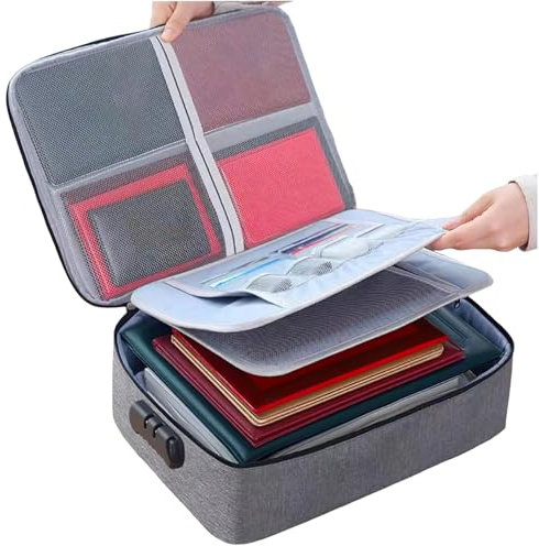 37*27*10cm Fireproof Document Box, Lockable Storage Box, Document Organiser, Fire Proof Documents Storage Box, Waterproof File Organiser Box, File Storage Boxs with Inserts Bags and Zipper (grey)