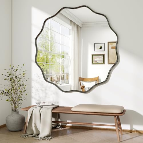 BEAUTYPEAK Runder Spiegel 106 cm, Großer Wandspiegel mit Gewellter Kante | Badezimmerspiegel mit Schwarz Aluminiumrahmen, zum Aufhängen und Anlehnen, Rund Wandspiegel für Schlafzimmer,Flur,Zimmer Deko
