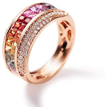 Stfery Rosegold 18 Karat Ring Damen, Trauringe mit Farbenfroher Saphir in Quadratschliff, Diamantring Echtschmuck, Gr.62 (19.7)
