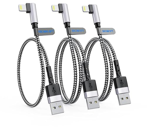 Short iPhone Charging Cable, 【3Pack 15cm+30cm+30cm】90 Degree Right Angle USB A to Light ning Cable, Nylon Braided Short Fast Charger Cord for iPhone 14 13 12 11 Pro Max Xs Xr X 8 7 6 Plus SE iPad