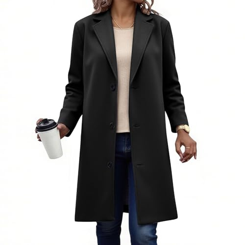 WUSENTOF Women's Coats Winter Single Breasted Wool Blend Jacket Causal Lapel Collar Button Elegant Coat Windbreaker Jacket Ladies Long Sleeve Tops Mid-Length Overcoat Warm Outerwear Plus Size