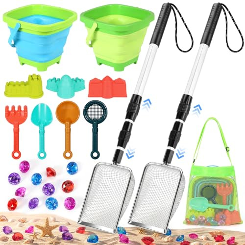 Juego de juguetes de arena de playa con 2 tamices ajustables de dientes de tiburón, cubo de playa plegable, palas de arena, kit de castillo de arena, gema de buceo, bolsas de conchas, tamiz de arena