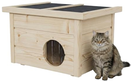 QLS Katzenhaus Outdoor 40×50×37 cm aus Holz mit klappbarem Dach, 2 cm Styropor, wetterfest & Winterfest, Kälteschutz-Vorhang (Natur)