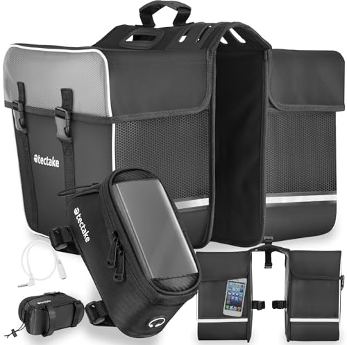 tectake® Fahrrad Taschen Set, 18 x 8,5 x 8,5 cm, Fahrradtasche mit 2 Fächern + Rahmentasche inkl. Touch Handytasche, mit Schnallenverschluss, Griff u. Reflektor, Spannseilsicherung - schwarz