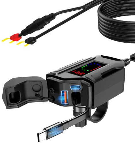 Cargador USB para Moto Impermeable, 3 en 1 Cargador USB Moto con Cable de Carga rápida Tipo C retráctil de 70 CM de Largo, Interruptor y Voltímetro LED para SUV Marino Barcos
