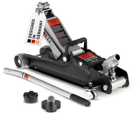 HEYNER® Hydraulik‑Rangierwagenheber Set 2,25 t – extra flach (85–380 mm), 2 Schwenkräder, Ø 45 mm Gummiteller, inkl.Gummiauflage für Audi, leicht rangierbar, Stahl