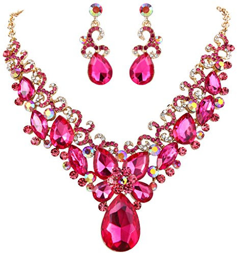 Clearine Donna Parure gioielli-Boemo Boho lacrima Marquise Farfalla Filigrana Collana Ciondola gli orecchini Set Fucsia Oro-fondo