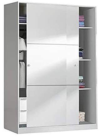 HABITMOBEL Armario Dormitorio 120 Puertas correderas con Barra Colgar y estantes Cajonera Interior Acabado Blanco Brillo