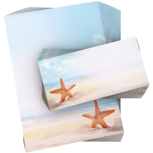 Briefpapier Seestern DIN A4 50 Blatt – Motivpapier mit Strand, Meer & Seestern – einseitig bedruckt – für private & geschäftliche Briefe