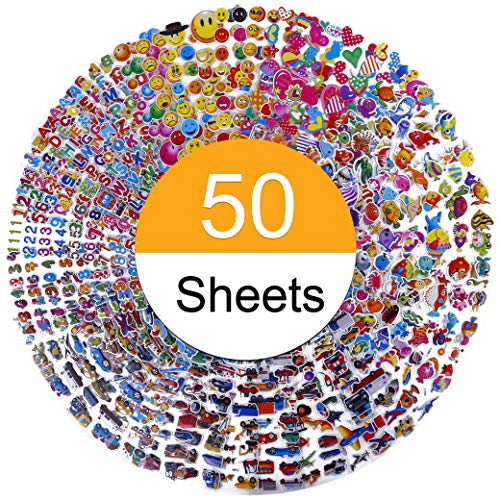 Aufkleber für Kinder 1200+, 50 Verschiedene Blätter, 3D Puffy Aufkleber, Babies Stickeralbum im Kinderzimmer & van der Wand Geburtstagsgeschenk, Inklusive Tiere Autos Fische Herzen Anzahl Smileys