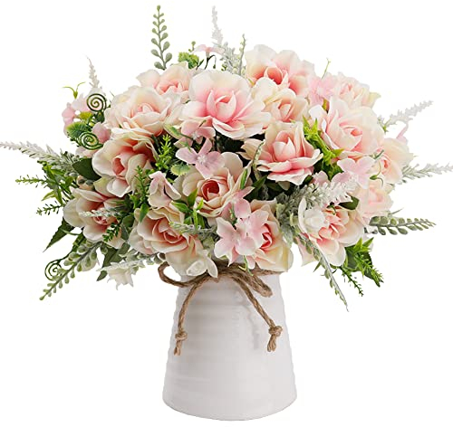 LESING Fleurs Artificielles dans Un Vase en Céramique Fausses Gardénia Fleurs en Soie Bouquet De Mariée Fleur Réaliste pour La Fête De Mariage Maison Décoration De Table Centres (Rose)