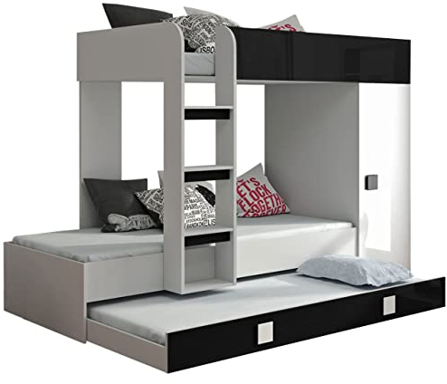 Etagenbett für Kinder Ritmo II, Stockbett mit Kleiderschrank, Kinderbett mit DREI Schlafflächen, Jugendbett, Farbauswahl, Bett (Weiß/Weiß Hochglanz + Schwarz Hochglanz, ohne Matratze)