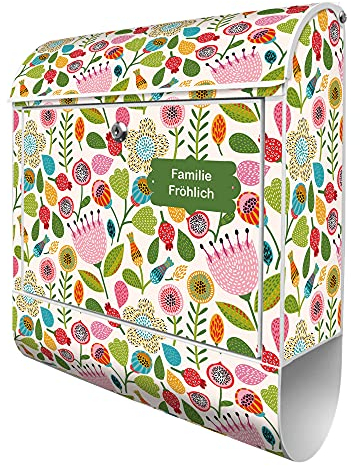 banjado® Design Briefkasten personalisiert mit Rosa Kelch Hell 38,5x46,5x13cm & 2 Schlüssel - Briefkasten Stahl weiß mit Zeitungsfach pulverbeschichtet - Postkasten A4 Einwurf inkl. Montagematerial