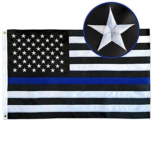 Solarstar Thin Blue Line USA-Flagge 90 x 152 cm mit gestickten Sternen, genähten Streifen, Messingösen, schwarz-weiß und blau, amerikanische Polizeiflagge, Ehrung von Strafverfolgungsbeamten