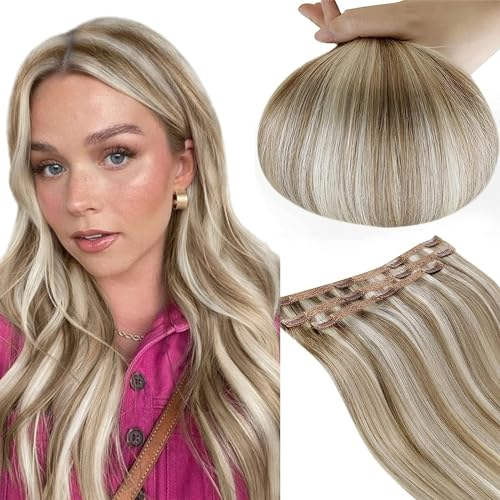 RUNATURE Clip in Extensions Echthaar Blond Hervorheben 35cm Seamless Extensions Clip in Echthaar Aschbraun Mit Platinblond Echthaar Extensions Clip Glatt Haarextensions #8P60 50g 3Pcs