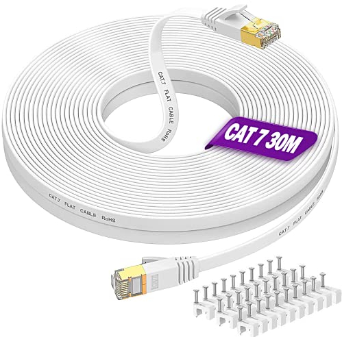 Cable Ethernet 30 Metros, Cat 7 Cable de Red Exterior Interior FTP Blindado Cable Rj45 Plano Cable Lan Network 30m Cable Wifi Gigabit Blanco 10000Mbps Alta Velocidad Cable Internet para Enrutador