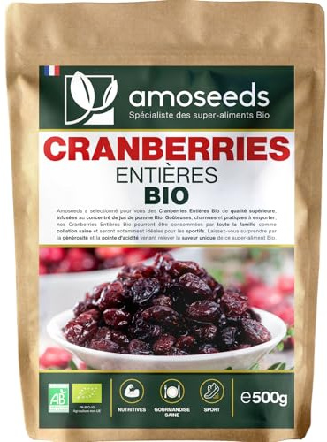 Cranberries Entières séchées BIO 500g | Sucrées au jus de pomme, Moelleuses | Origine Canada l Sans sucres ajoutés, 100% naturelles | Qualité supérieure