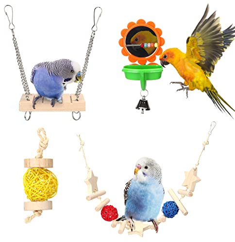 Nobleza 4 Unidads Juguete para Pájaros de Madera, Columpio de Cuerda de Algodón para Pájaros, Juguetes para Colgar de Jaula