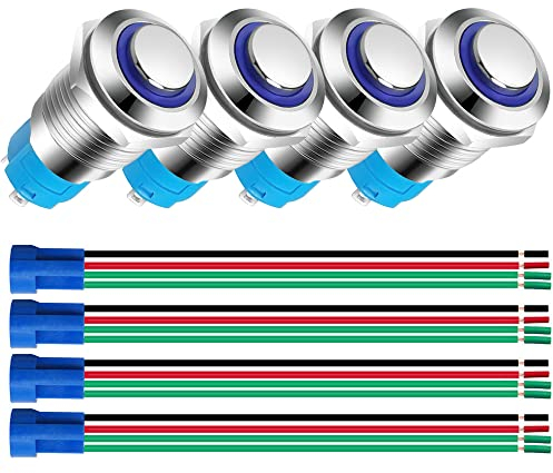 Gebildet 4piezas 12mm Acero Inoxidable Pulsador Momentáneo 3V-4.5V-5V-6V-7.5V-9V/5A LED 1NO SPST Encendido/Apagado Impermeable con Enchufe de Cable (LED Azul)