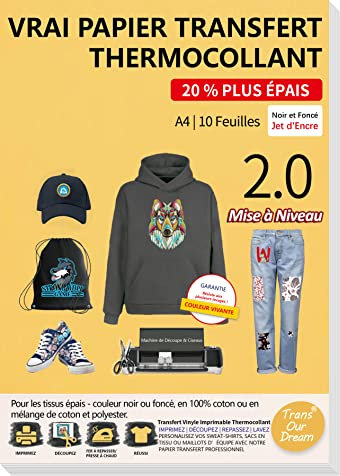 TransOurDream -10 x A4 Papier Transfert pour les Textiles épais couleur Noir ou Foncé - Sweat-shirt ou sac en tissu personnalisé, écusson thermocollant imprimable, Impression Jet d'Encre,FR-3-2.0-10
