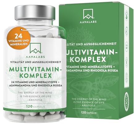 Multivitamin Kapseln 24 Vitamin Komplex & Mineralien + Ashwagandha Rhodiola Rosea - Vitamine A-Z hochdosiert Mineralstoffe Komplex inkl Vitamin A Vitamin D3 K2 B12 Vitamin C Zink Magnesium 120 Kapseln