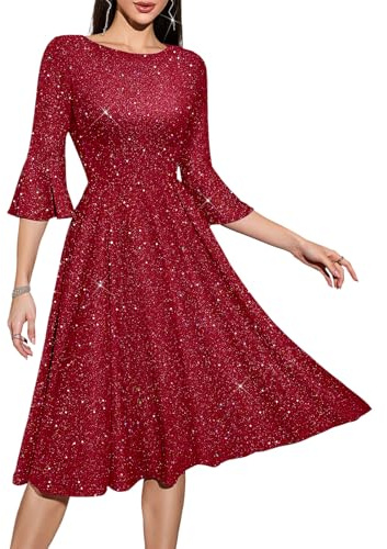 HomRain Plus Size Glitter Wedding Guest Dresses Long Sleeves Midi Formal Homecoming Bridesmaid Tea Party Modest Church Dress Glitter-Burgundy 3XL
