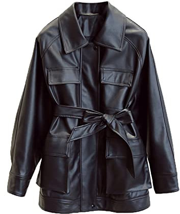 LY VAREY LIN Damen Kunstleder Gürtel Hemdjacke Revers Blazer Mantel mit Brusttasche, Xy02black, Medium