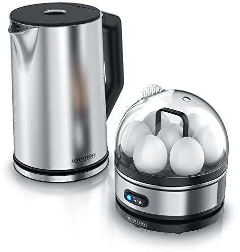 Arendo - Set Wasserkocher ELEGANT mit Eierkocher THREECOOK Edelstahl Silber, Wasserkocher 1,5L 40° - 100°C, Warmhaltefunktion, Eierkocher 1-7 Eier, Messbecher