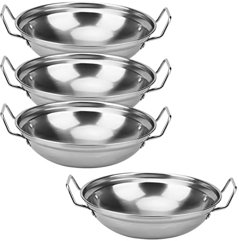 MUKCHAP 4 Pack 22cm Balti Serving Dishes, Silver Indian Curry Serving Karahi Dishes, Stainless Steel Balti Bowl with Handle