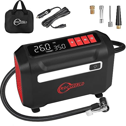 ROCGORLD R8 Tire Inflator Portable Air Compressor, DC 12V Air Compressor Portable with Large Dual Digital Screen, 3X Faster Inflation Air Pump for Car, Bike, Ball, Motor