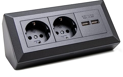 Eck-Steckdose Aufbaumontage Schuko, für Küche, Büro, Werkstatt. Steckdosenleiste ideal für Küchen-Arbeitsplatte, Aufbausteckdose oder Unterbausteckdose - ohne Kabel (2 schuko, 2 USB anthrazit/schwarz)