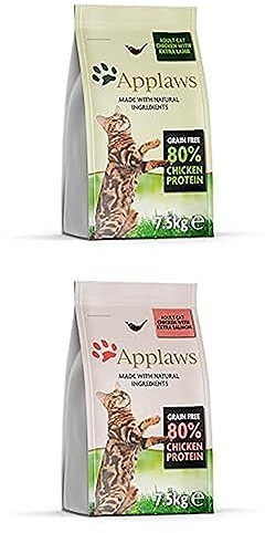Bundle of Applaws Adult Dry Cat Food, Chicken with Lamb, Grain-Free and Complete 7.5 kg (1 Pack) + Chicken with Extra Salmon, 7.5 kg (1 Pack)