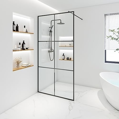 Home Deluxe - Duschabtrennung - BAKI - Breite: 80 cm, Schwarzer Rahmen, Klarglas, 6 Raster Optik - 10 mm ESG - Sicherheitsglas I Walk in Dusche, Duschwand, Duschtür