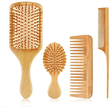 XFLYP Peine de Madera, para Desenredar Todo Tipo de Cabellos, Barba, Peine de Madera de Bambú de Dientes Anchos para Hombres y Mujeres, Los Materiales Naturales no Dañan el Cuero Cabelludo(4PCS)