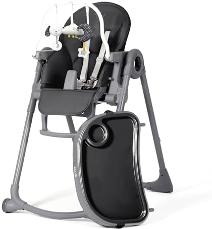 Allis Baby Lola Adjustable Folding High Chair with Multiple Height and Seat Positions, Removable Tray, 5 Point Harness and Toy Bar, Portable Highchair for Babies and Toddlers (Black)