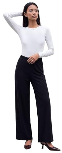 Roman Petite Wide Leg Stretch Trouser for Women UK - Ladies Everyday Autumn Winter Comfy Soft Evening Vacation Work Party Night Out Full Length - Petite Black - Size 18