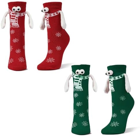 Ruzister® 2 Paar Weihnachtssocken mit niedrigem magnetischem Unisex-3D-Puppenpaar, Hand-in-Hand-Socken, magnetische Freundschaftssocken mit Händen Lustige Socken