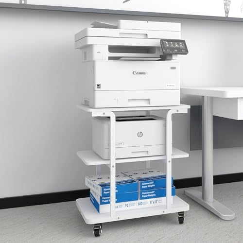 PUNCIA 3-schrichte Druckertisch Druckerständer mit Rollen 60 x 50 cm mobiler Druckerwagen Druckerregal aus Holz & Metall Druckerschrank für großen Drucker Scanner Arbeitszimmer Büro Schule Weiß