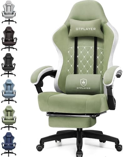 GTPLAYER Gaming Stuhl Ergonomischer Gaming Sessel Schreibtischstuhl mit Stoffoberfläche, Federsitzkissen, Verbindungsarmlehnen und Fußstütze Grün