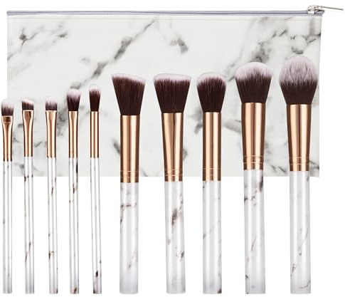 Soarqck Ensembles de Pinceaux de Maquillage en Marbre Professionnels Brosse Cosmétique pour Poudre Libre, Contours, Ombres et Fond de Teint avec Sac en Cuir PU 10 Pièces (Blanc)