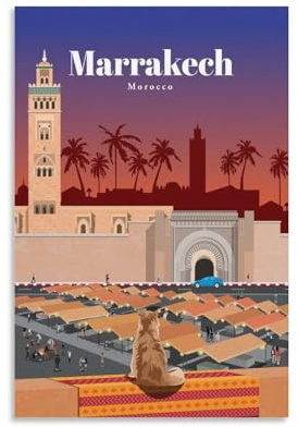 Jdheeh Vintage-Poster auf Leinwand, Motiv: Marrakesch, Marokko, Wanddekoration, Poster, 20 x 30 cm