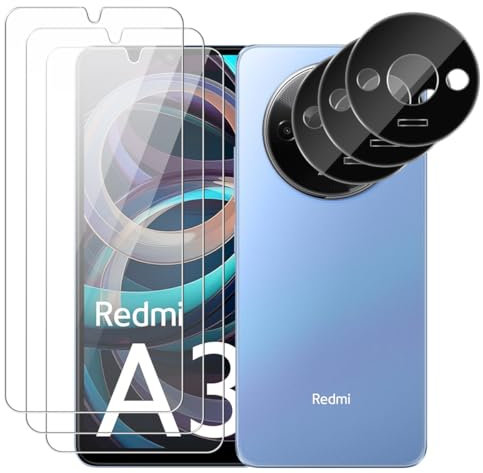 3 Piezas Vidrio Templado Protector de Pantalla para Xiaomi Redmi A3, con 3 Piezas Protector de Lente de cámara, Alta Definicion, Anti Rasguños