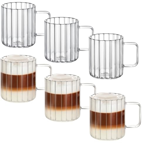 Wilmax - Verres isothermes avec anse - Lot de 6-400 ml - Verres en verre cannelé pour l'eau, le thé, le café - Verres à thé et à café - Gobelets - Lavables au lave-vaisselle