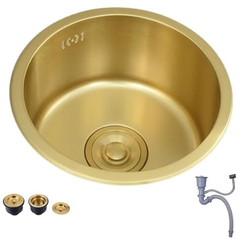 Restaurante de un solo tazón Mini bar dorado Fregadero pequeño Fregadero de cocina redondo de acero inoxidable Debajo del mostrador Lavaplatos Fregadero de un solo tazón (Color: Dorado, Tama