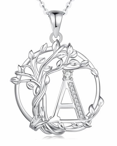 FANCIME Collana da donna con ciondolo a forma di albero della vita, in argento Sterling 925, A-Z, con alfabeto, per donne, ragazze, lunghezza: 40 + 5 cm, Argento sterling, Zirconia cubica