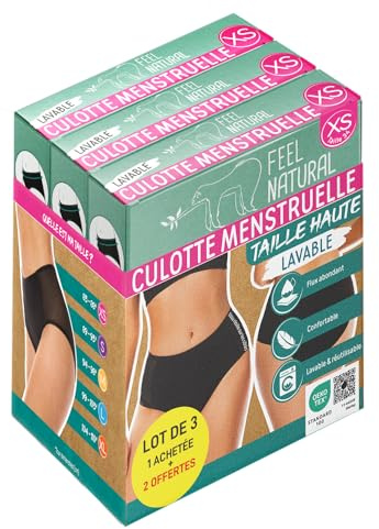 Pack 3 Culottes Menstruelles Taille Haute - Lavable et Anti Fuite - Confort Hygiénique Femme, Protection Absorbante sans Couture - Flux Moyen, Abondant sous Vêtement Femmes - Feel Natural