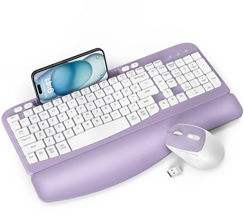 Wireless Keyboard and Mouse Combo, EAYBLLY Wave Keys Wireless Ergonomic Keyboard with Cushioned Wrist Rest, Phone Holder, 2.4GHz Silent Cordless Keyboard Mouse Set for Computer, Laptop, PC, Windows