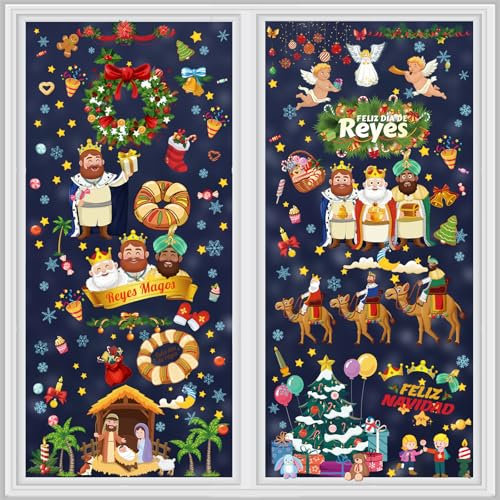 AhfuLife Pegatinas Navidad Ventanas Reyes Magos Decoración, 9 Hojas Festival de los Tres Reyes, Feliz Navidad Decorativas
