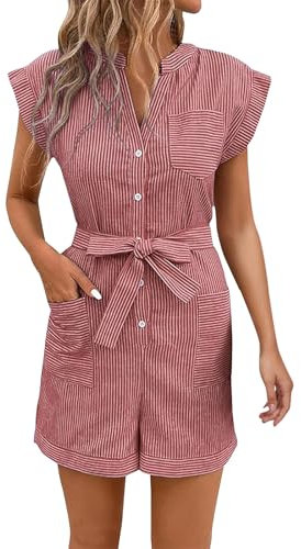 Vetement Femme Combinaison Barboteuse courte rayée pour femmes, combinaison habillée à boutons, col en V, salopette travail confortable, une combinaison avec poches Salopette Femme Enceinte (RD1, L)